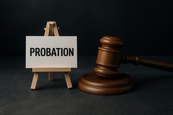 Judge's gavel next to a small sign that says "Probation" against a dark background.