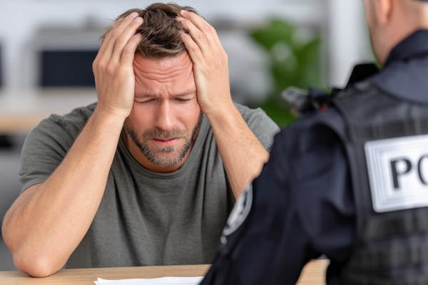 Distressed man with head in hands, police officer in background, during questioning.