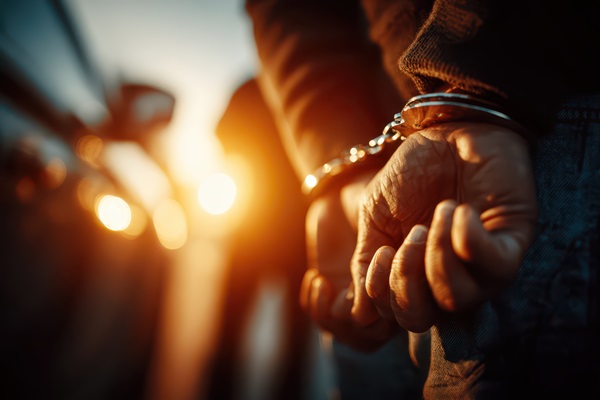 Close-up of a person’s hands in handcuffs behind their back with sunlight shining in the background.