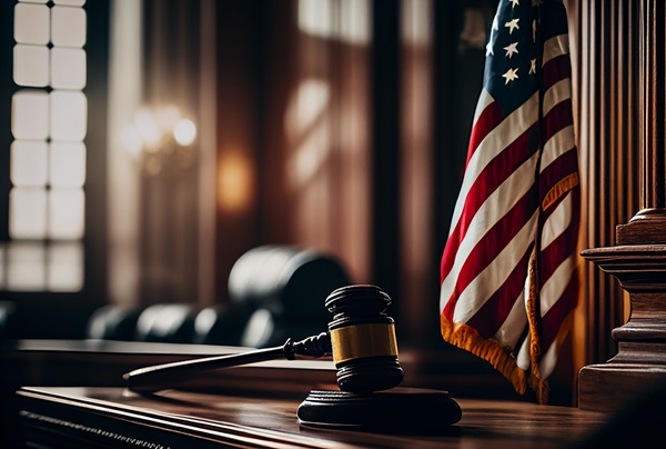 A wooden gavel rests on a polished wooden desk in a courtroom, with the American flag hanging to the right and a blurred background of dark leather chairs and wood paneling.