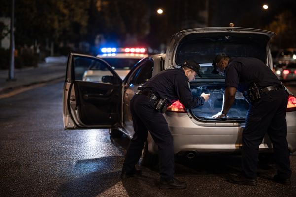 Two police officers searching the open trunk of a vehicle during a nighttime traffic stop with patrol car lights flashing, illustrating the legal scenario where an individual can be charged with drug possession based on proximity and control, known as constructive possession in Texas.