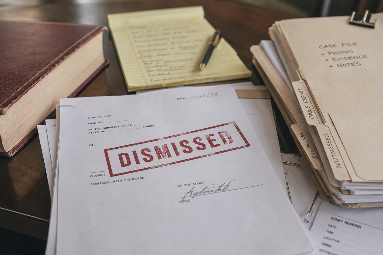 A legal case document with a large red "DISMISSED" stamp across the center sits on a wooden desk next to a legal pad, a thick book, and a stacked Texas court case file folder.