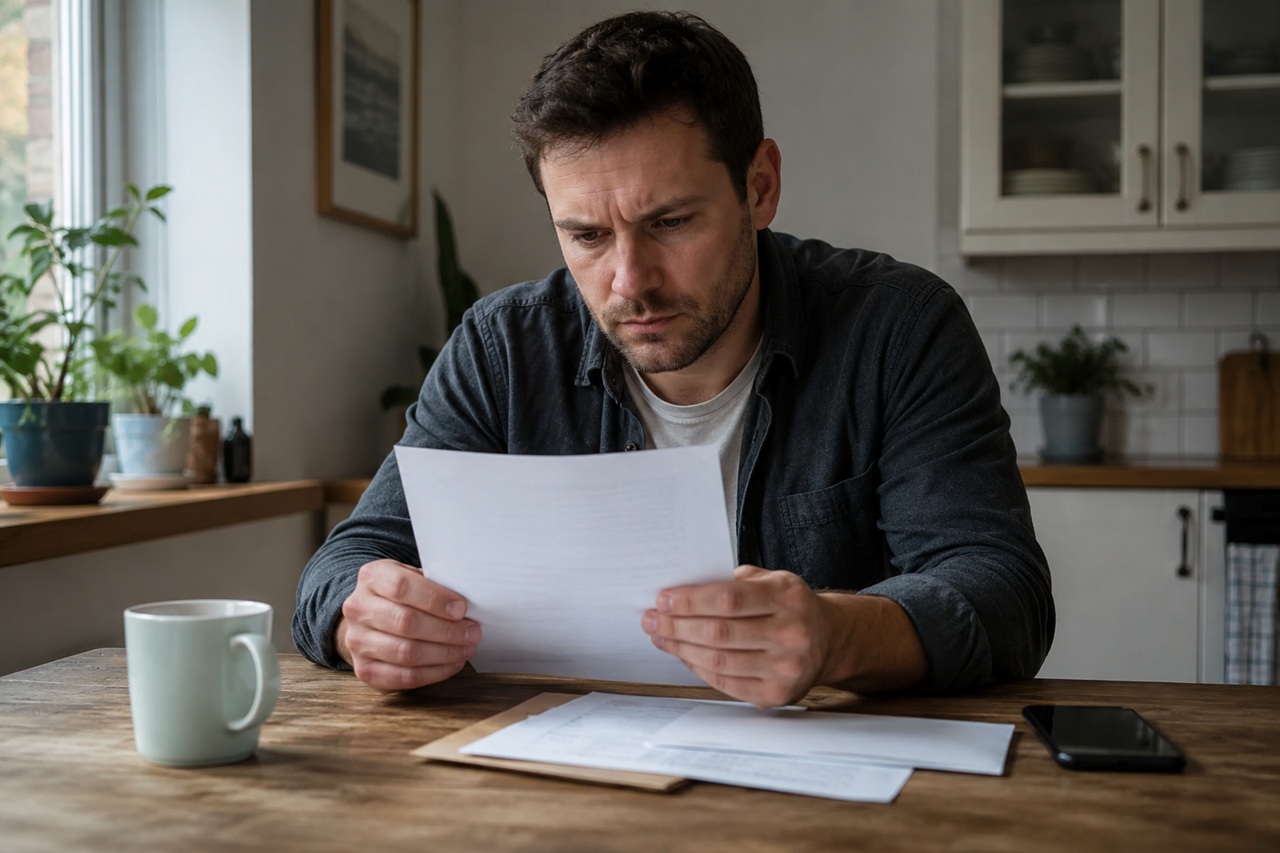 A man with a serious and focused expression sits at a wooden dining table in a kitchen, holding a criminal protective order in both hands and reading it carefully while other papers and a smartphone rest on the table.