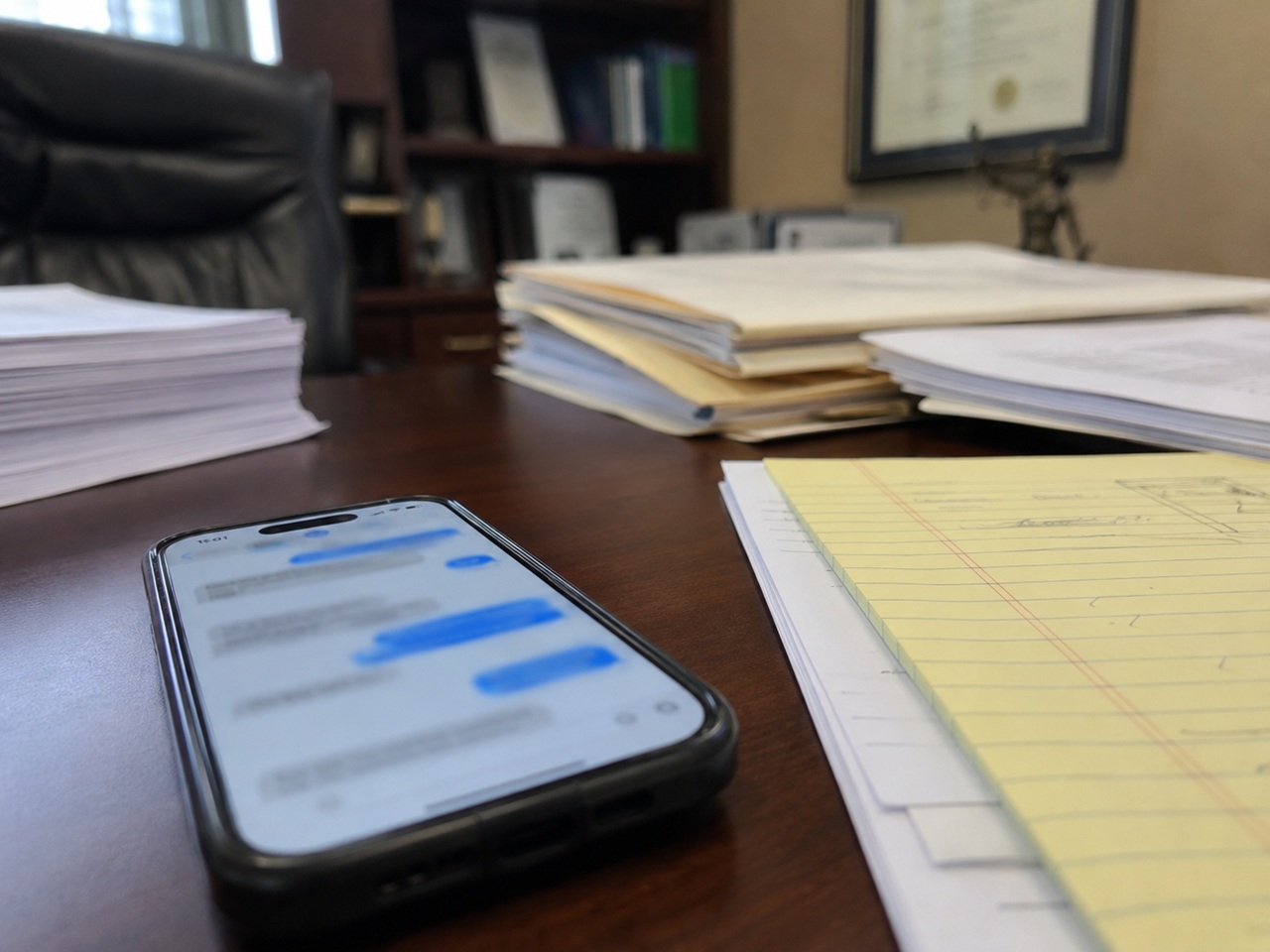 A smartphone displaying a blurred text message conversation lies flat on a criminal defense attorney's desk alongside legal pads, stacked case files, and law office credentials visible in the background, depicting the type of digital evidence examined in a Texas online solicitation case where the legal definition of solicitation and the content of electronic communications are central to the defense.